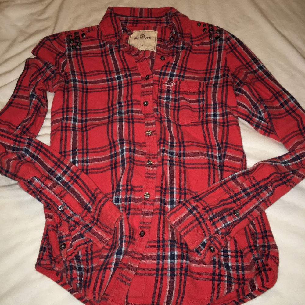 Hollister red plaid flannel with stud detail