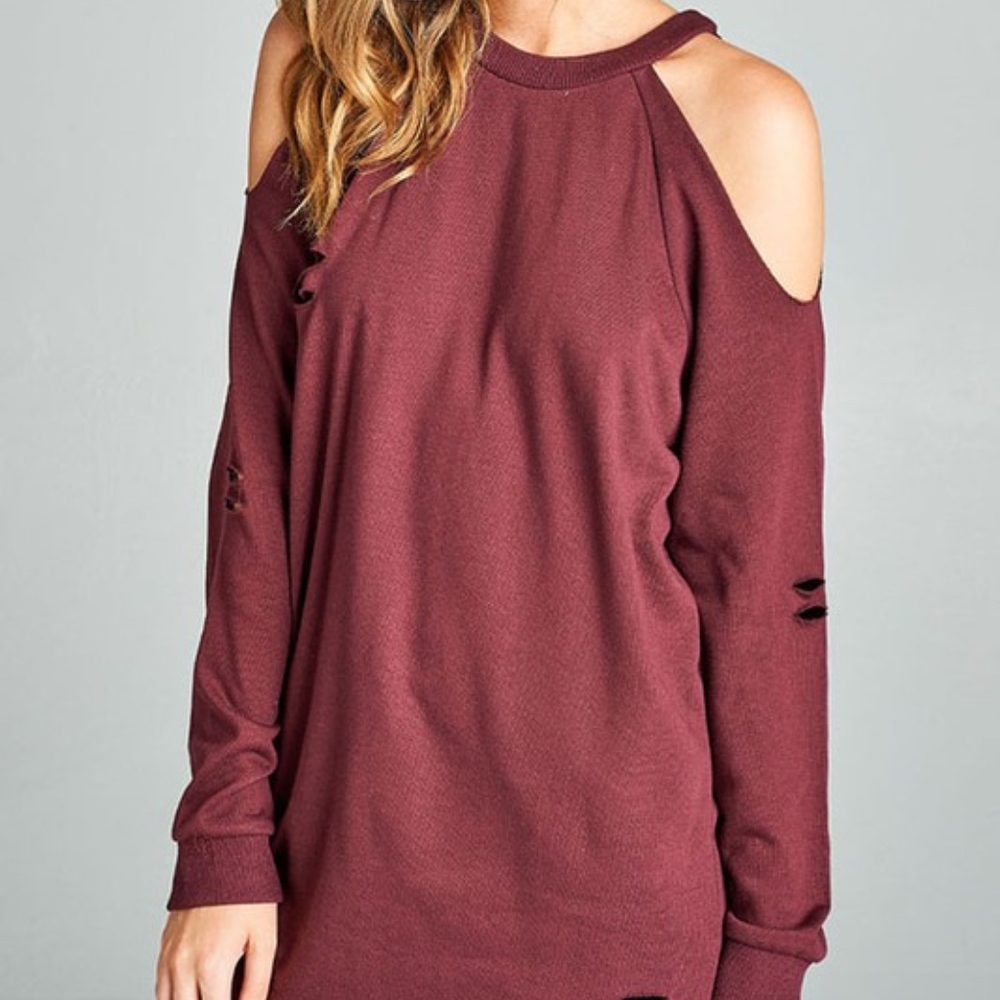Maroon Cold Shoulder Distressed Top - Picture 2 of 5