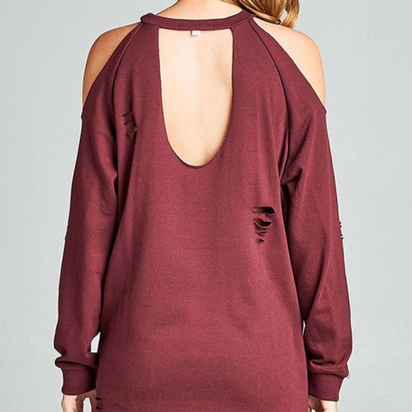 Maroon Cold Shoulder Distressed Top - Picture 3 of 5