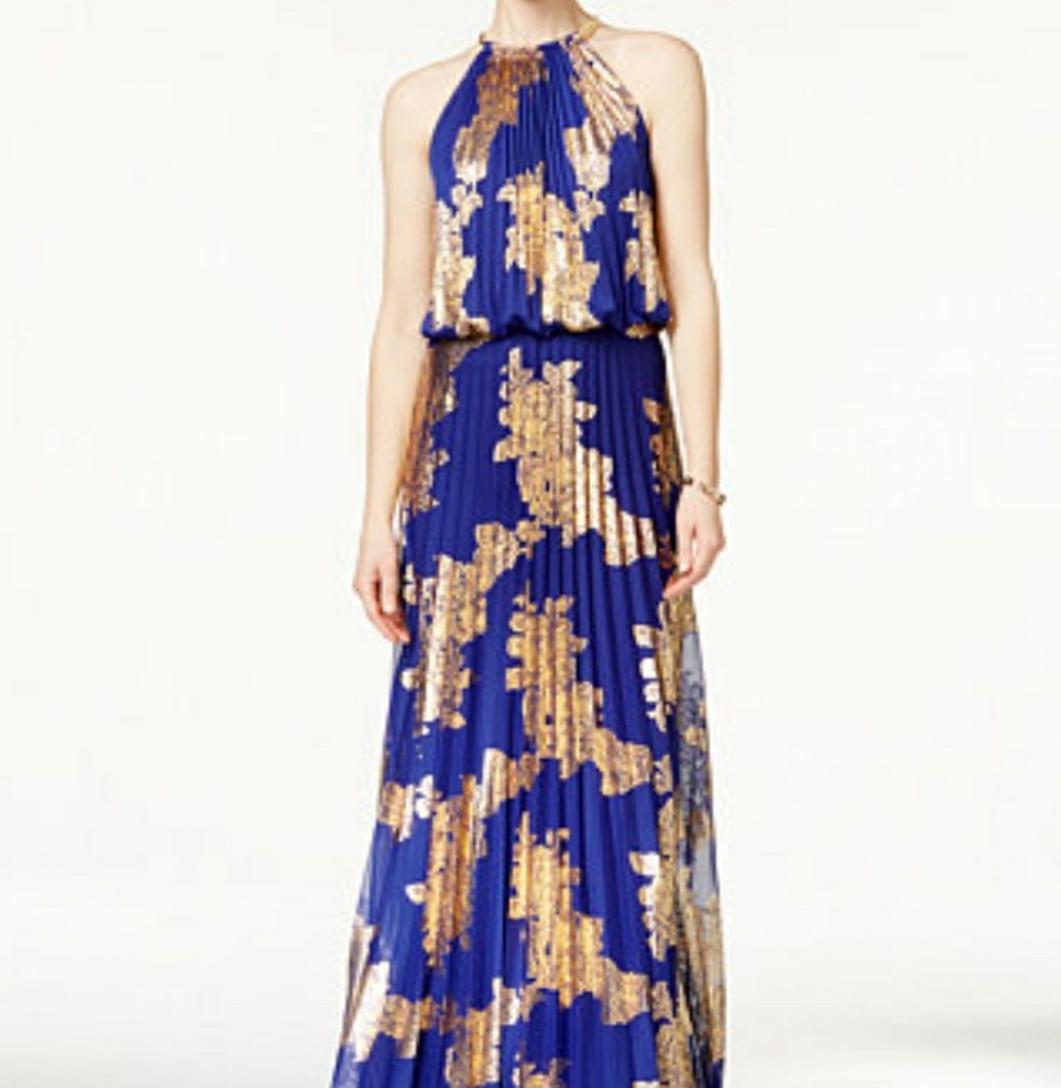 Blue Gold Metallic Pleated Halter Maxi Gown