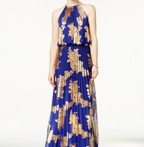 Blue Gold Metallic Pleated Halter Maxi Gown