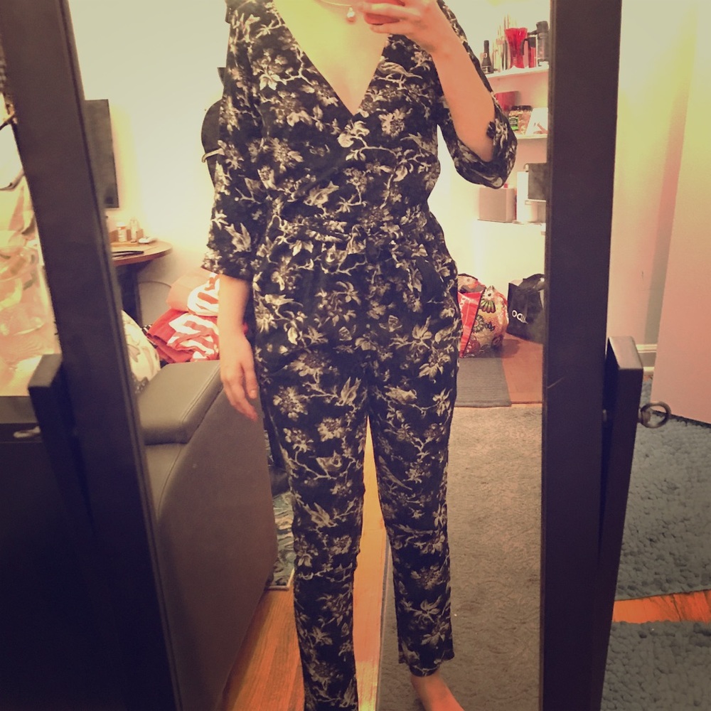 Black floral deep-V jumpsuit