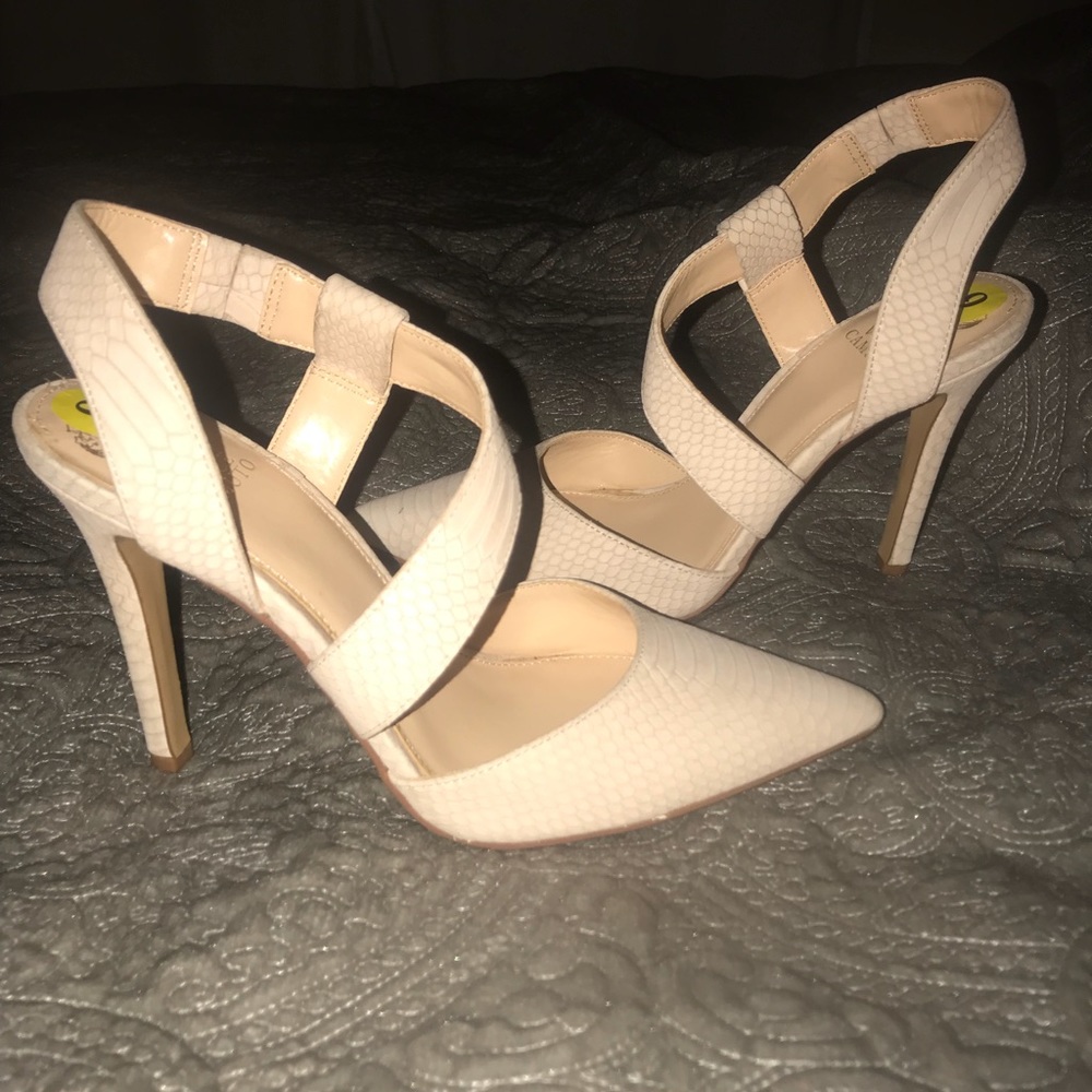 Light blush colored sling back heels