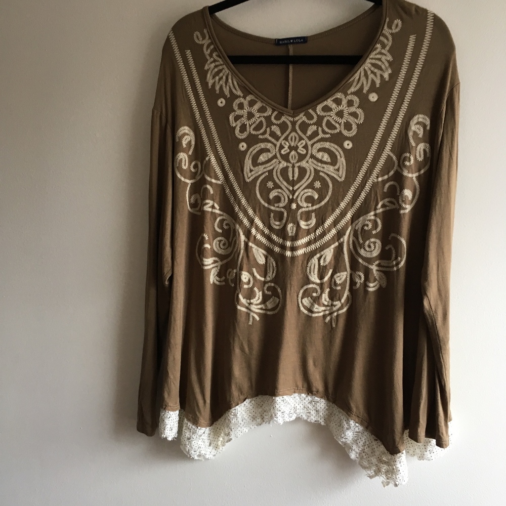 Patterned Long Sleeve Tee w/ Lacy Polka Dot Trim