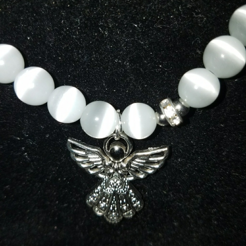 Glass Silk Bead Elastic Necklace w Angel Charm