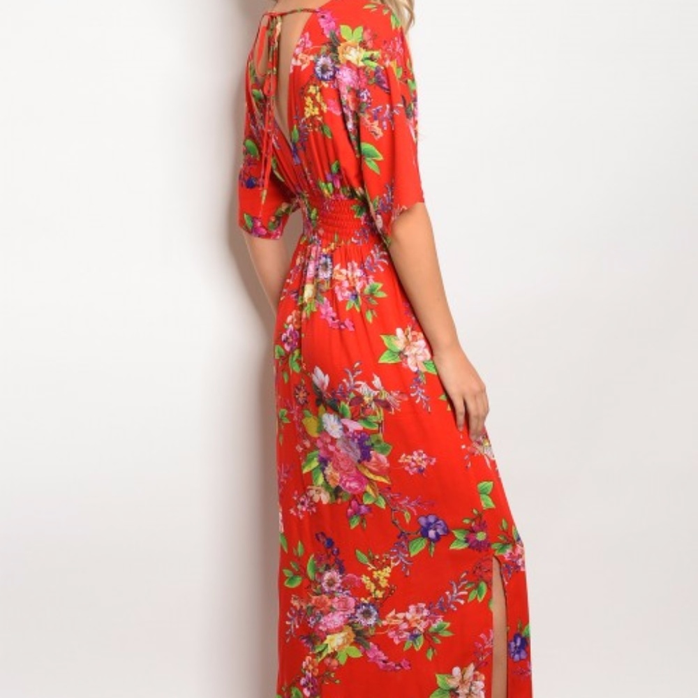 Red Tropical Floral Slit Leg Wrap Maxi Dress - Picture 3 of 5
