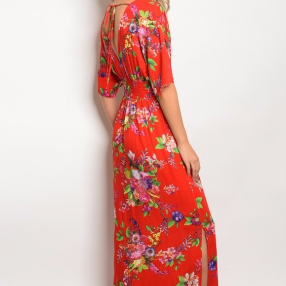 Red Tropical Floral Slit Leg Wrap Maxi Dress - Picture 3 of 5
