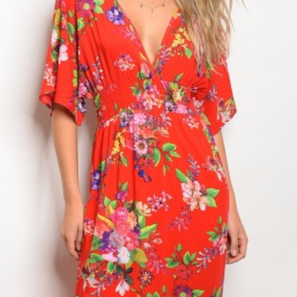Red Tropical Floral Slit Leg Wrap Maxi Dress - Picture 2 of 5