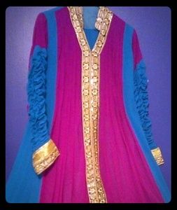 Hot pink and blue Anarkali with ruffled sleeves.