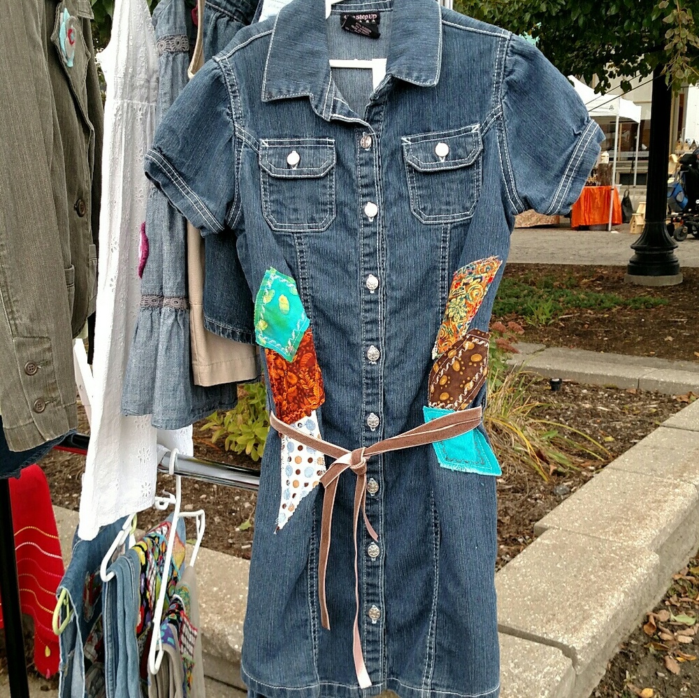 Girls Denim Quilted Patches Shirt Dress