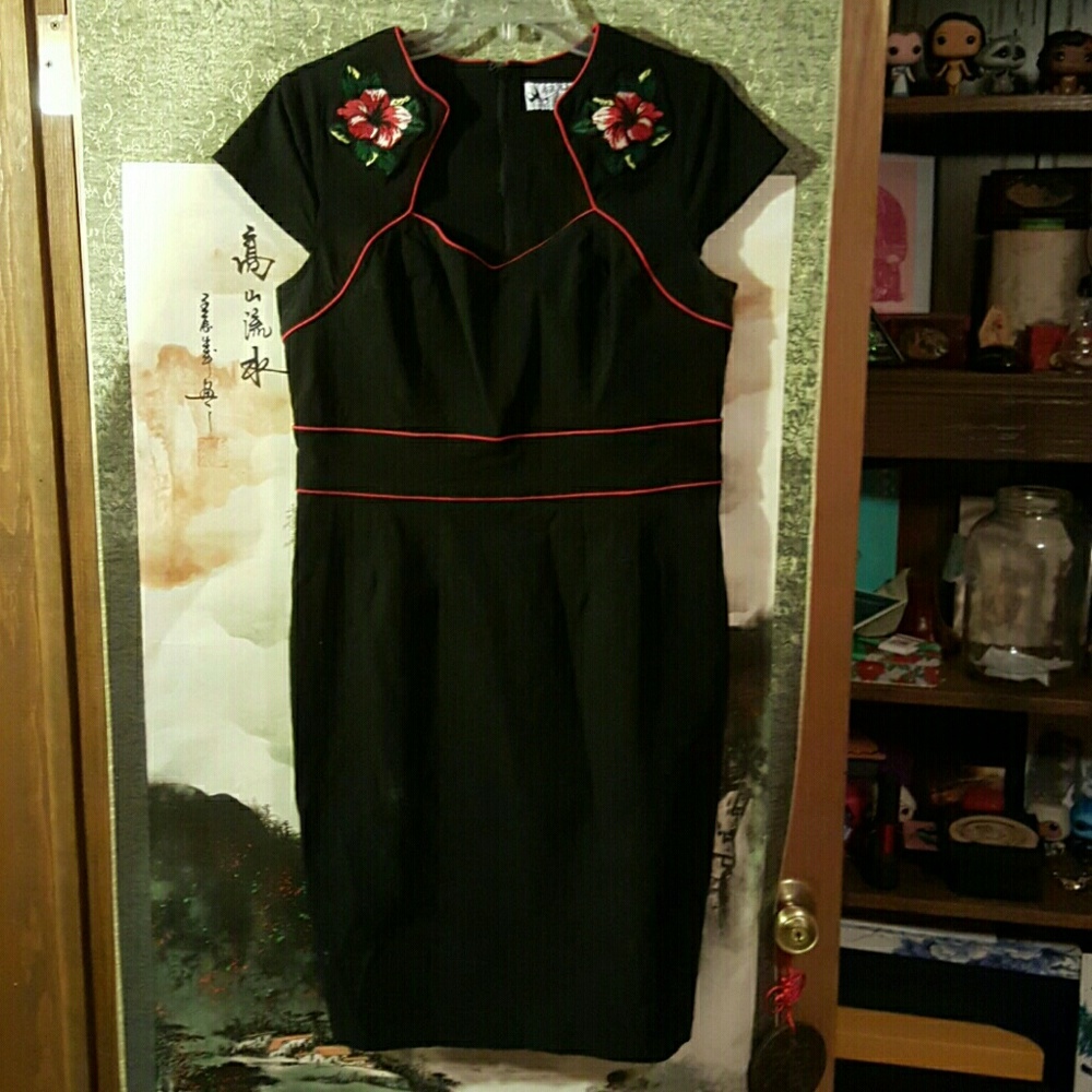 Black Embroidered Rose Faux Qipao Dress