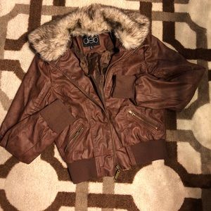 BROWN FAUX LEATHER & FUR JACKET W/GOLD ZIPPER S