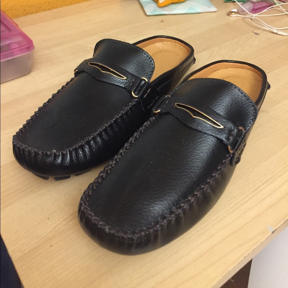 Black Leather Half Loafer Slippers