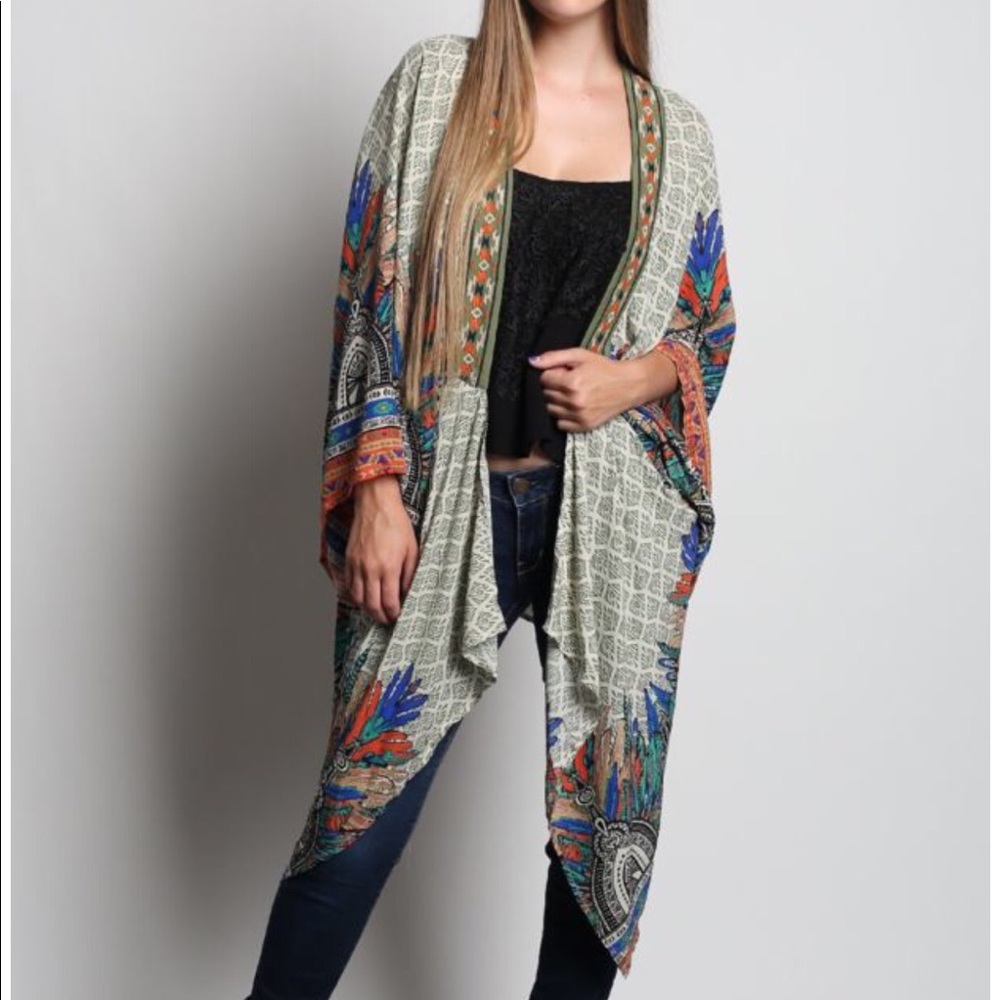 Flying Tomatoe Feathered Kimono Embroidered Top