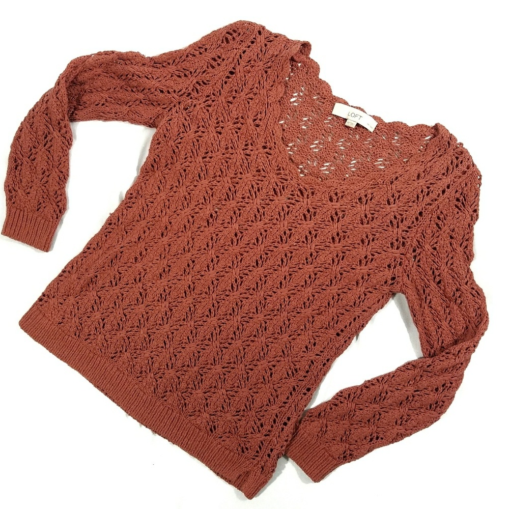 LOFT Pink 3/4 Sleeve Open Weave Sweater