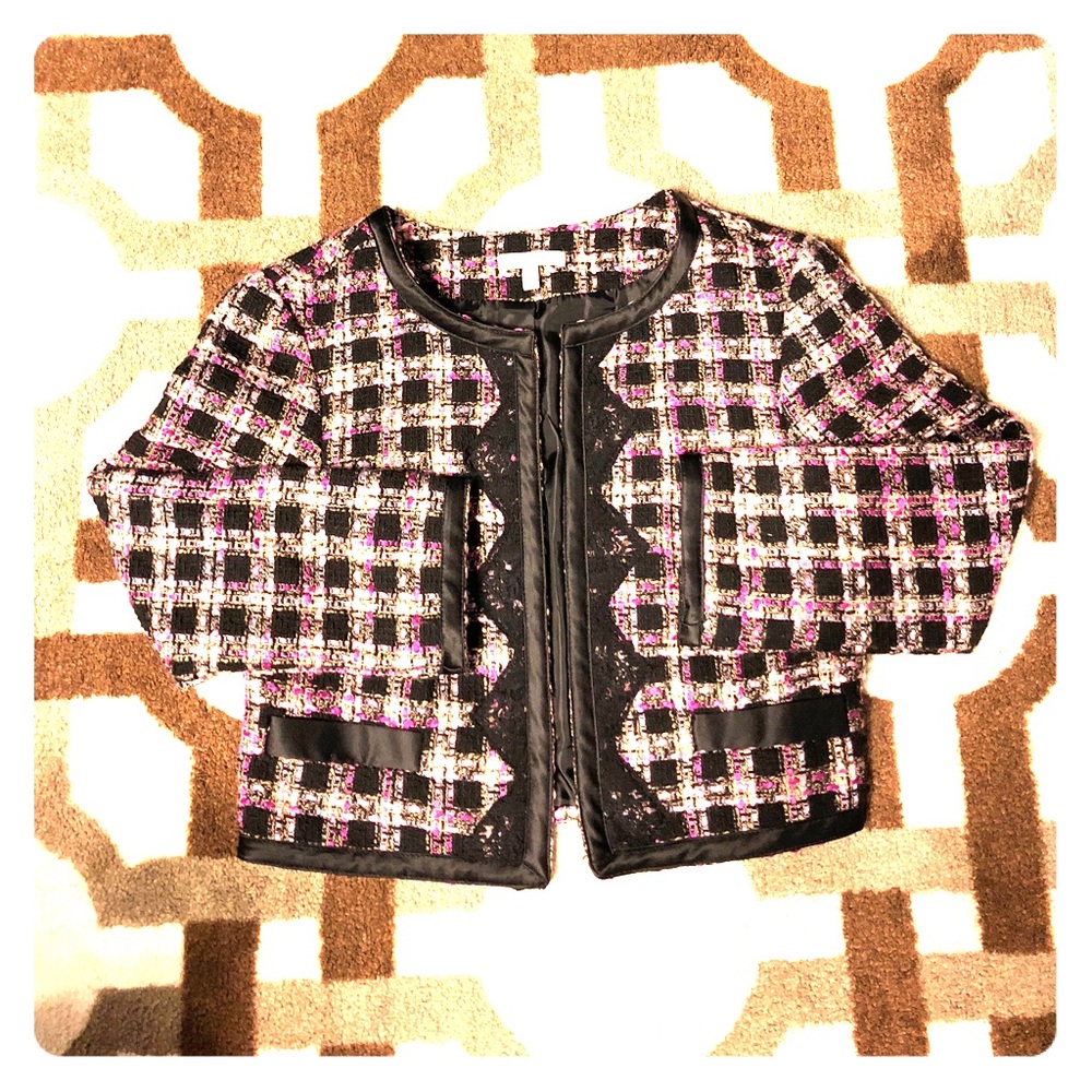 CHARLOTTE RUSSE PLAID LACE BLACK PINK BLAZER SMALL