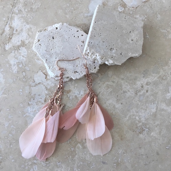 ROSE GOLD CHAINED FEATHER DANGLE EARRINGS(A11) - Picture 2 of 2