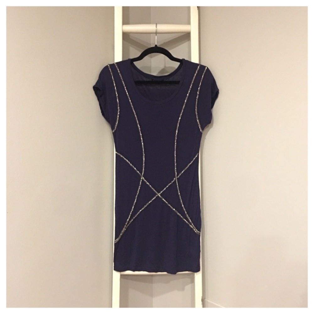 Navy Embellished Beaded Tee Shirt Bodycon Dress S
