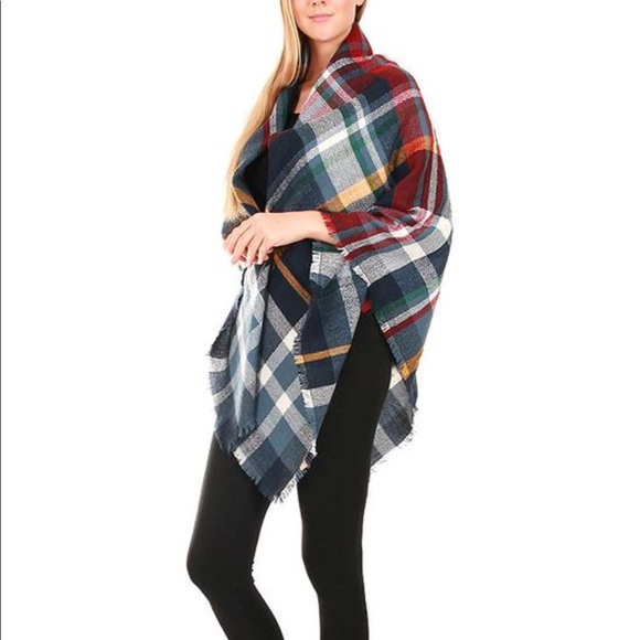 Navy Multicolour Tartan Plaid Big Blanket Scarf - Picture 2 of 2
