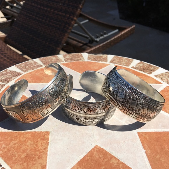 Tibetan Boho Tribal Vintage Silver Cuff Bracelets - Picture 6 of 7