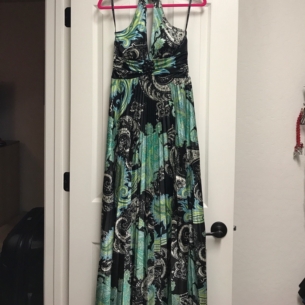 Long silk black, white, teal & green formal dress