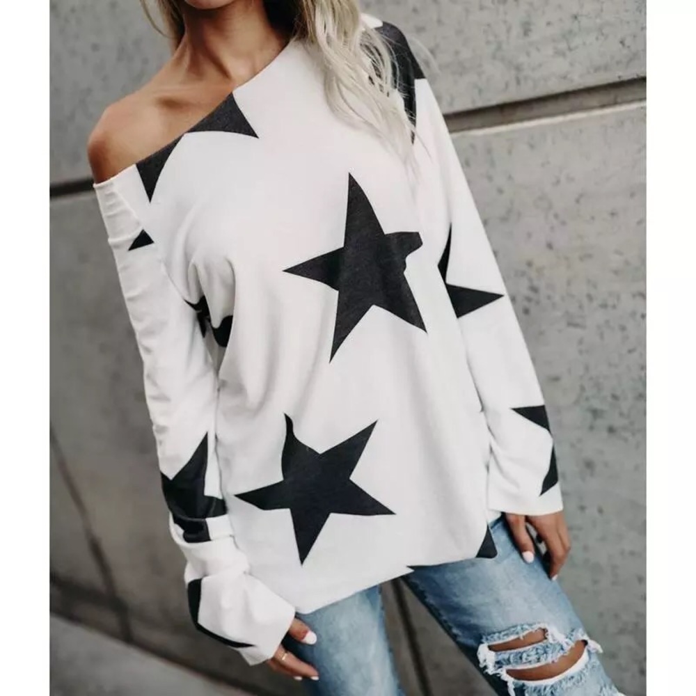 ✨HP!✨Star Patterned Off Shoulder Long Sleeved Top✨ - Picture 5 of 7