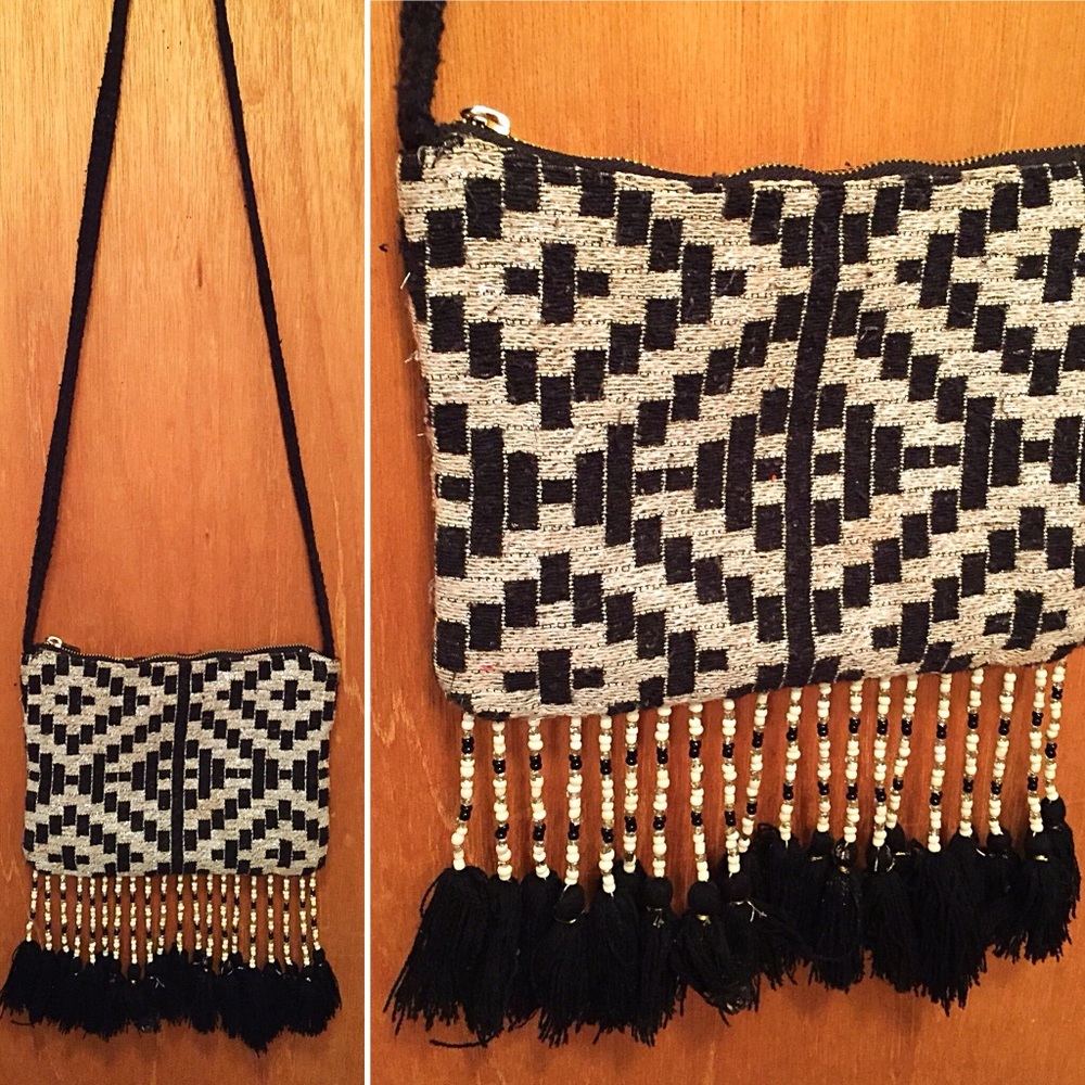 Boho Black & White Beaded Crossbody w/ Tassels
