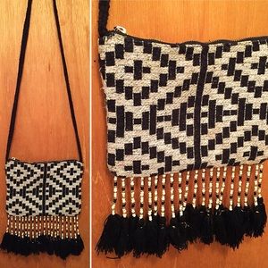 Boho Black & White Beaded Crossbody w/ Tassels