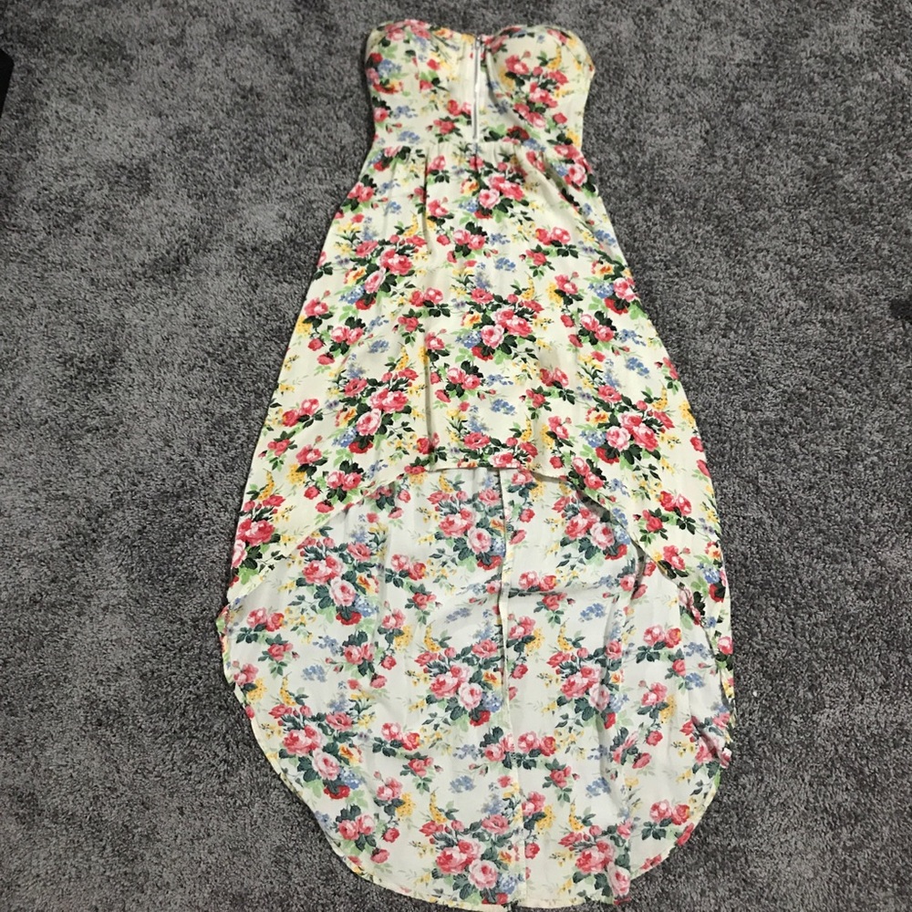 High-low strapless floral dress