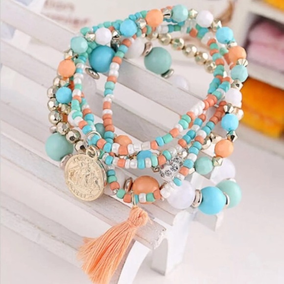 Boho Pastel Tassels Charm Beads Bracelet - Picture 2 of 4