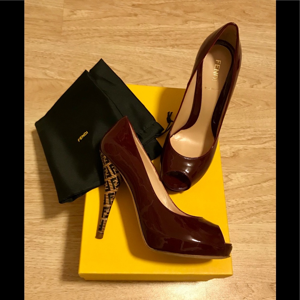 Fendi FF Platform Peeptoe Burgundy Heels