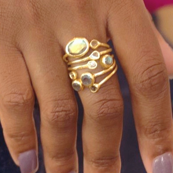 14KT GOLD PLATED POLKI DIAMOND LABRADORITE RING - Picture 2 of 6