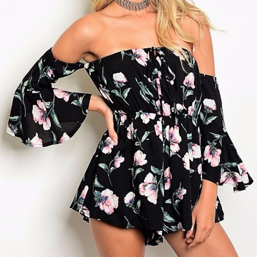 Black Long Sleeve Off Shoulder Floral Romper