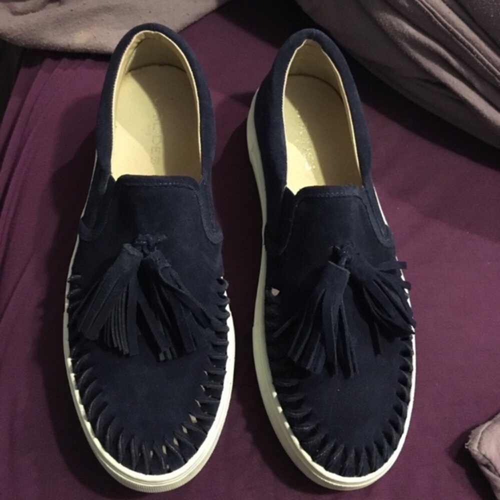 J/Slides Navy Suede Slip-on Tassel Shoes Size 8.5