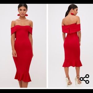 Red Bardot Midi Dress