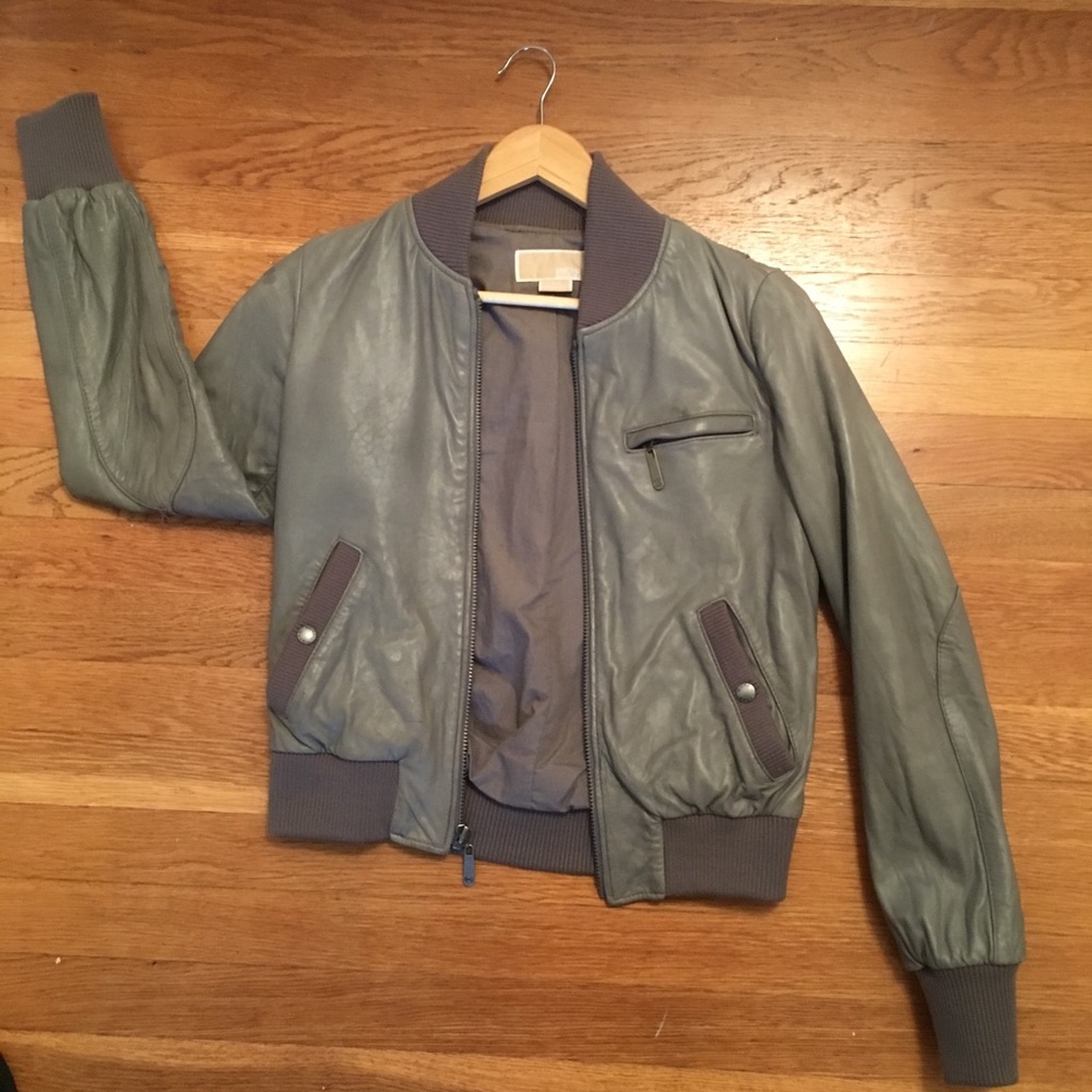 Michael Kors Gray Leather Bomber Jacket
