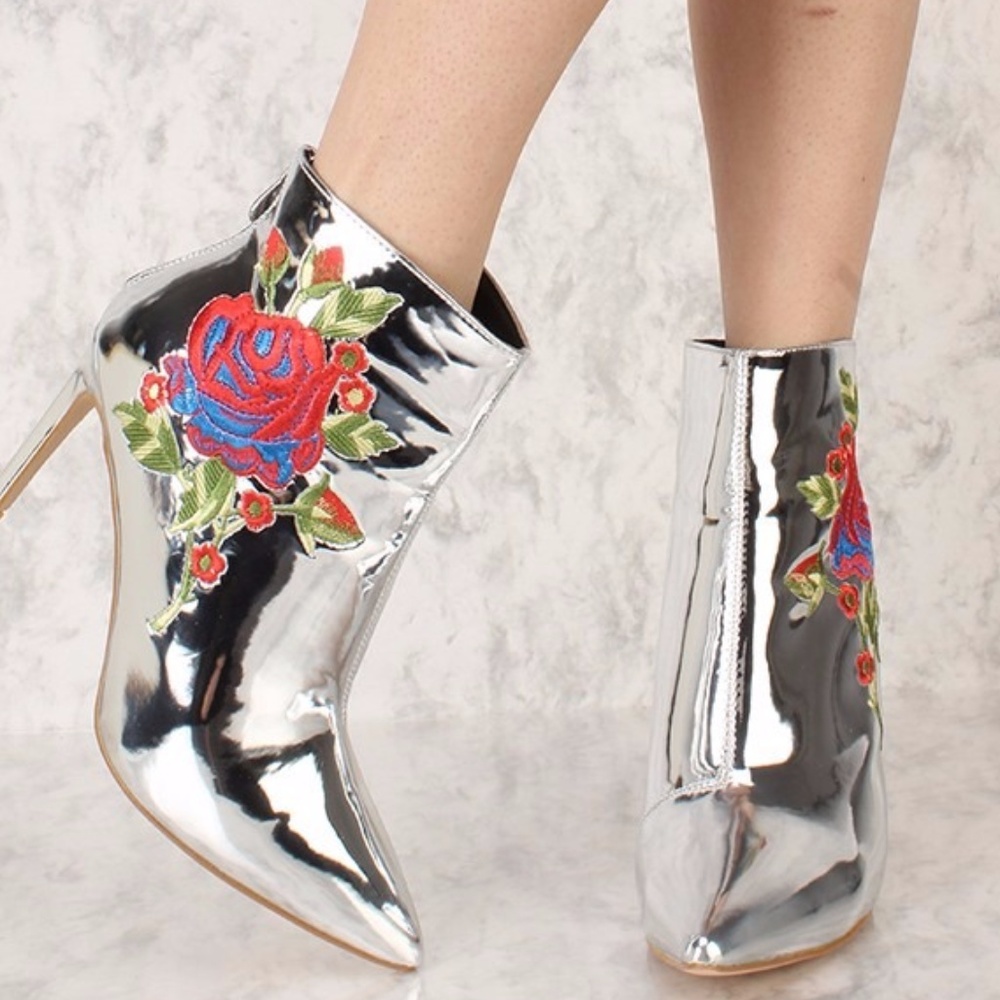 Patent Silver Floral Embroider Booties