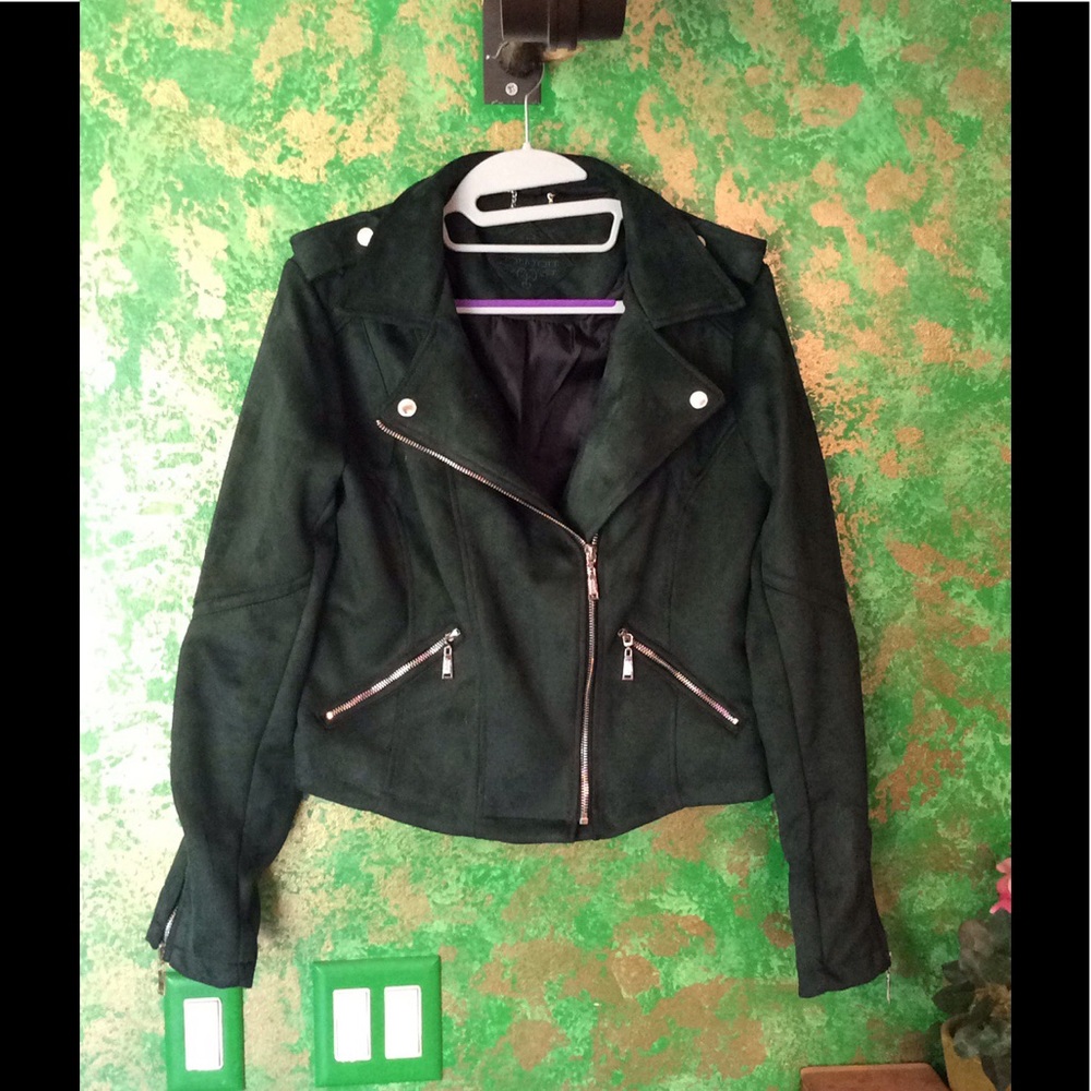 Green velvet biker jacket