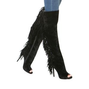 Black Peep Toe Over the Knee Fringe Boots