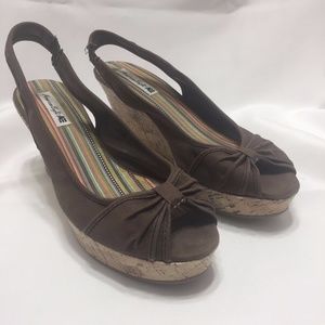 Brown Canvas Cork Wedge Heel Slingbacks
