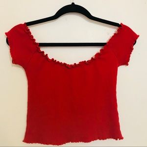 Off-the-shoulder Red Ruffle Scrunchy top