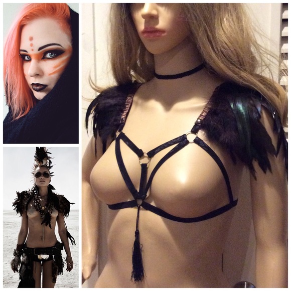 🎀 3PC FEATHER BRA NECKLACE HAIR PIECE FLOWER CLIP BOHO FESTIVAL IHEART RAVES - Picture 8 of 8