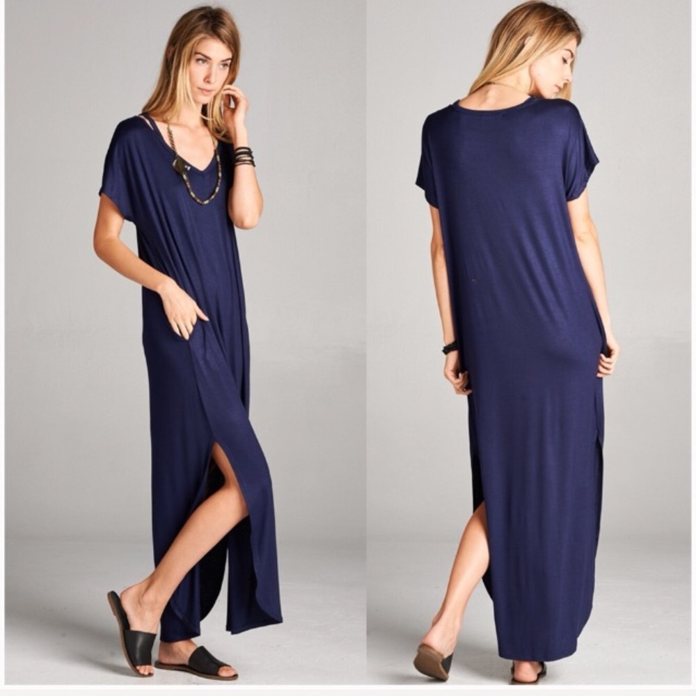 Navy Blue Cut-Out Shoulder Pocket Maxi - Picture 3 of 4