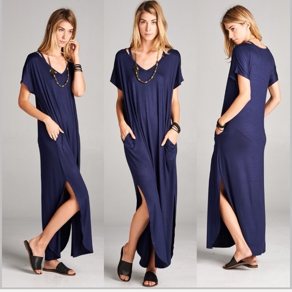Dresses & Skirts - Navy Blue Cut-Out Shoulder Pocket Maxi