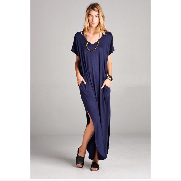 Navy Blue Cut-Out Shoulder Pocket Maxi - Picture 4 of 4