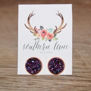 Purple Teal Rainbow Druzy Stud Earrings