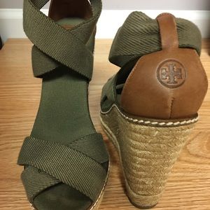 Army Green Canvas Tory Burch Wedges