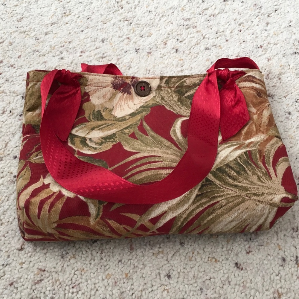 Handmade red floral bag with silk ribbon handles