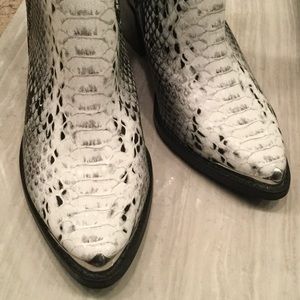 Black and white faux snake skin heeled boots