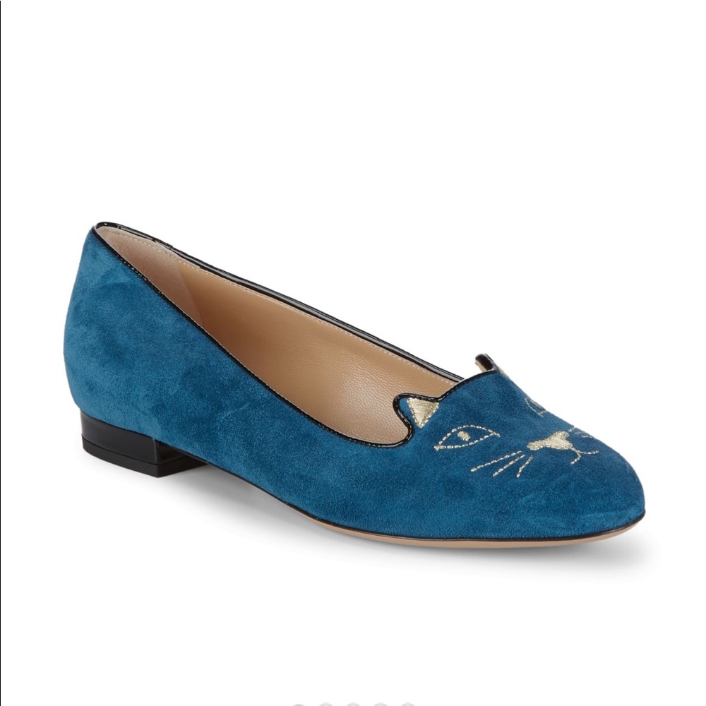 NIB Charlotte Olympia velour Kitty Flats Brand New